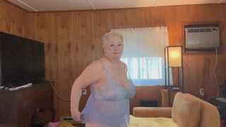 Horny Gilf Tries On Lacey Blue TRANSPARENT Outfit - porn video