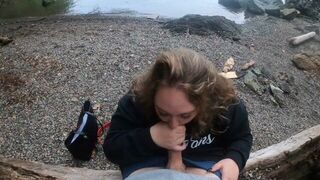 POV blowjob sneaky cumslut sucking tinder dick outdoors near a trail in public he cums on my tongue - porn video